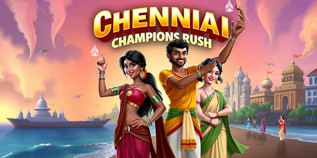 Chennai Champions Rush Official Cover Art Chennai Champions Rush game cover featuring Marina Beach, Kapaleeshwarar Temple and playable characters in traditional Tamil attire