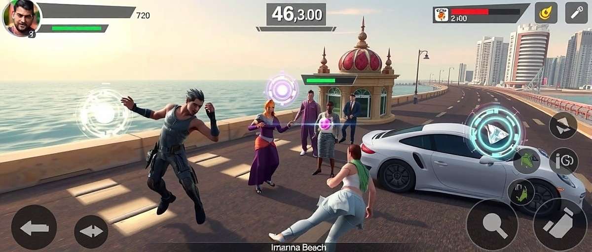 Chennai Champions Rush Gameplay Chennai Champions Rush gameplay screenshot showing team battle near Marina Beach with character abilities activated