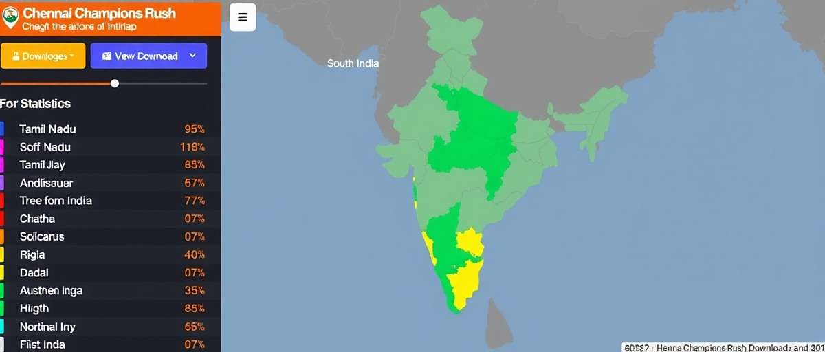 Chennai Champions Rush Download Distribution Chennai Champions Rush download statistics map showing highest concentration in Tamil Nadu and South India